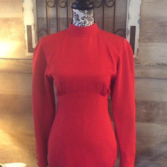 Mock Neck Open Back Lipstick Red Midi Dress - Picture 4 of 5